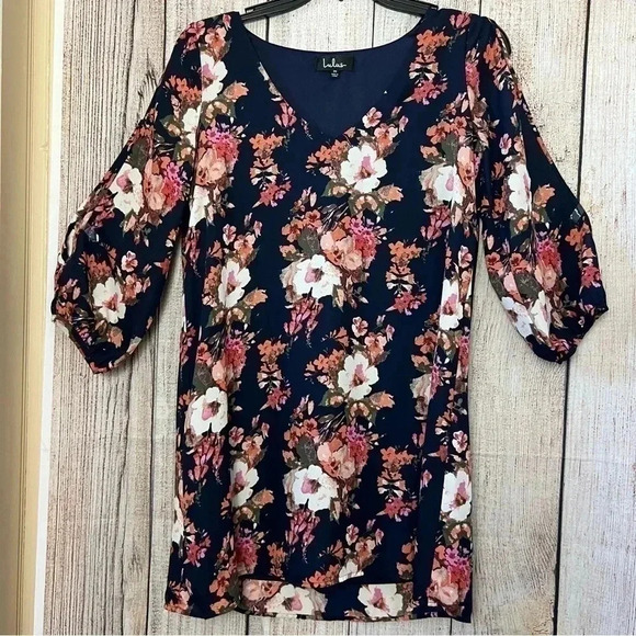 Lulus Shifting Dears Navy Blue Floral Print Split Sleeves Dress Size medium - Picture 13 of 13